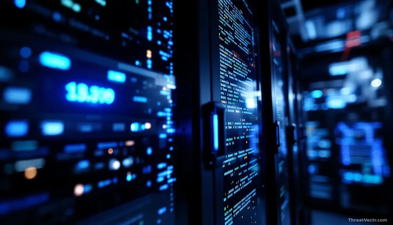 Photoreal editorial image of a dimly lit server rack in a data centre, one blue status LED glowing, a faint reflection of scrolling log text on the glass door,