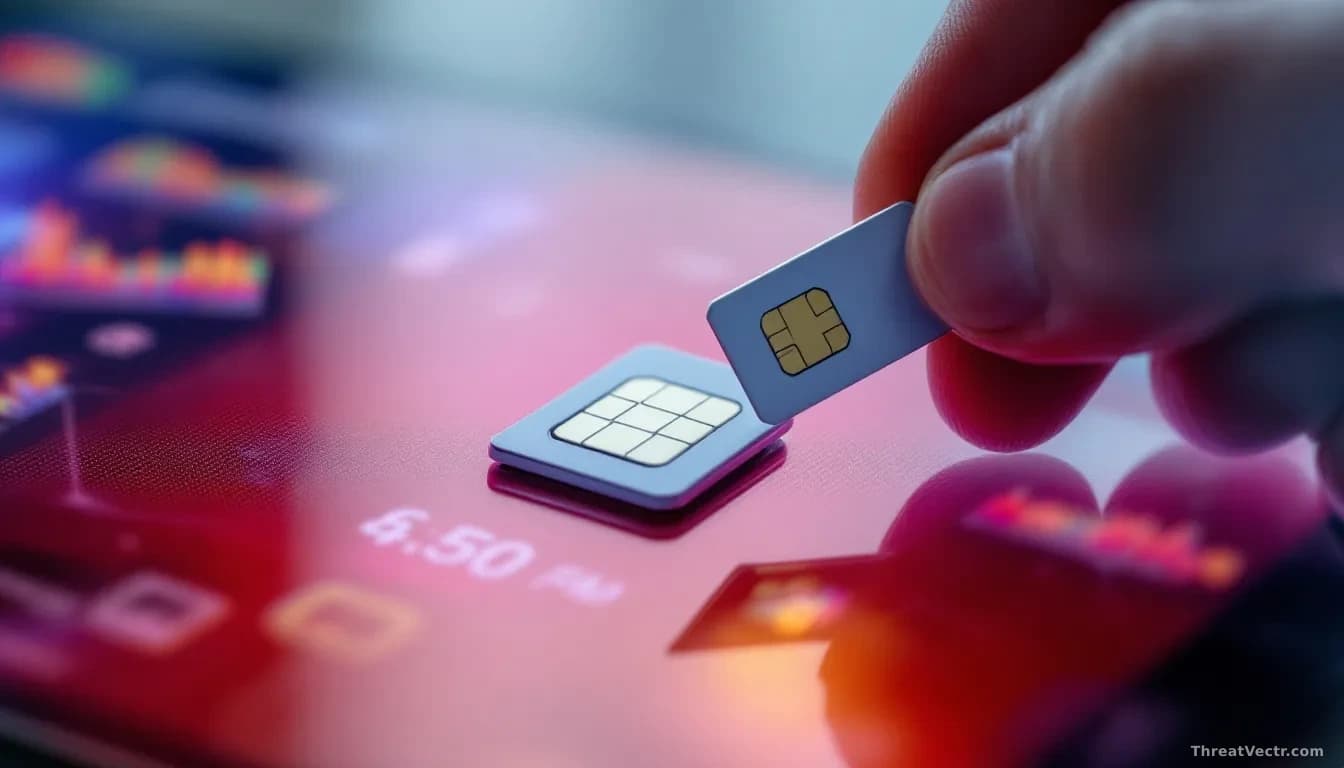 A SIM card slot on a smartphone with a replacement SIM being inserted, overlaid with digital identity verification screens and account access confirmations in t