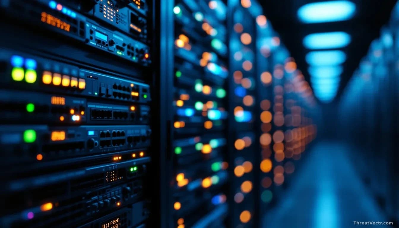 Full-frame edge-to-edge photoreal editorial shot of a dimly lit server room aisle, rows of network switches and firewall appliances with amber and green status