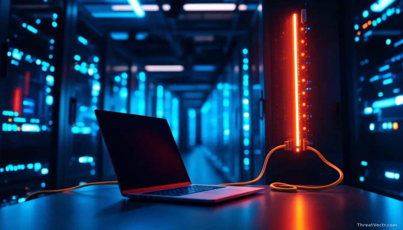 Photoreal editorial shot of a modern corporate server room bathed in cool blue light, a single glowing amber cable running from a rack to an out-of-focus laptop