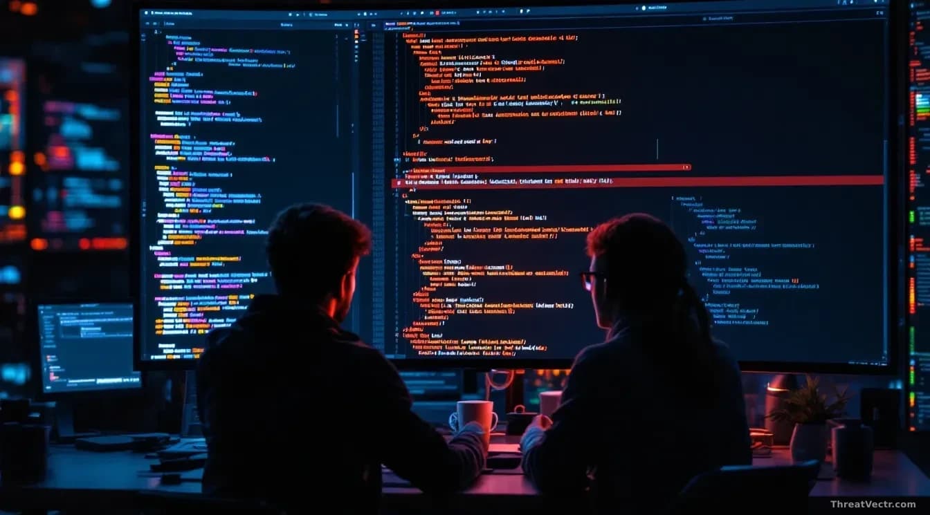 A software development workspace showing an AI analysis tool highlighting suspicious code sections within a vast codebase, with human security engineers reviewi