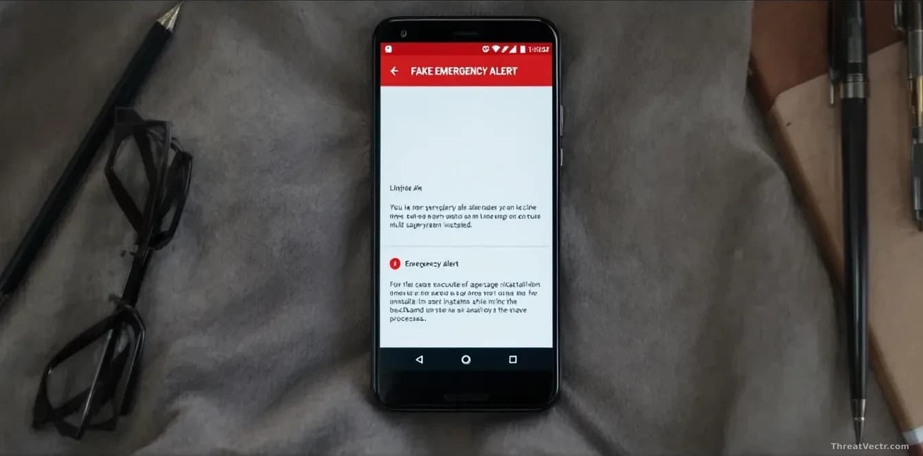 A smartphone screen displaying a fake emergency alert application alongside legitimate system apps, with the malicious app beginning to execute multi-stage spyw