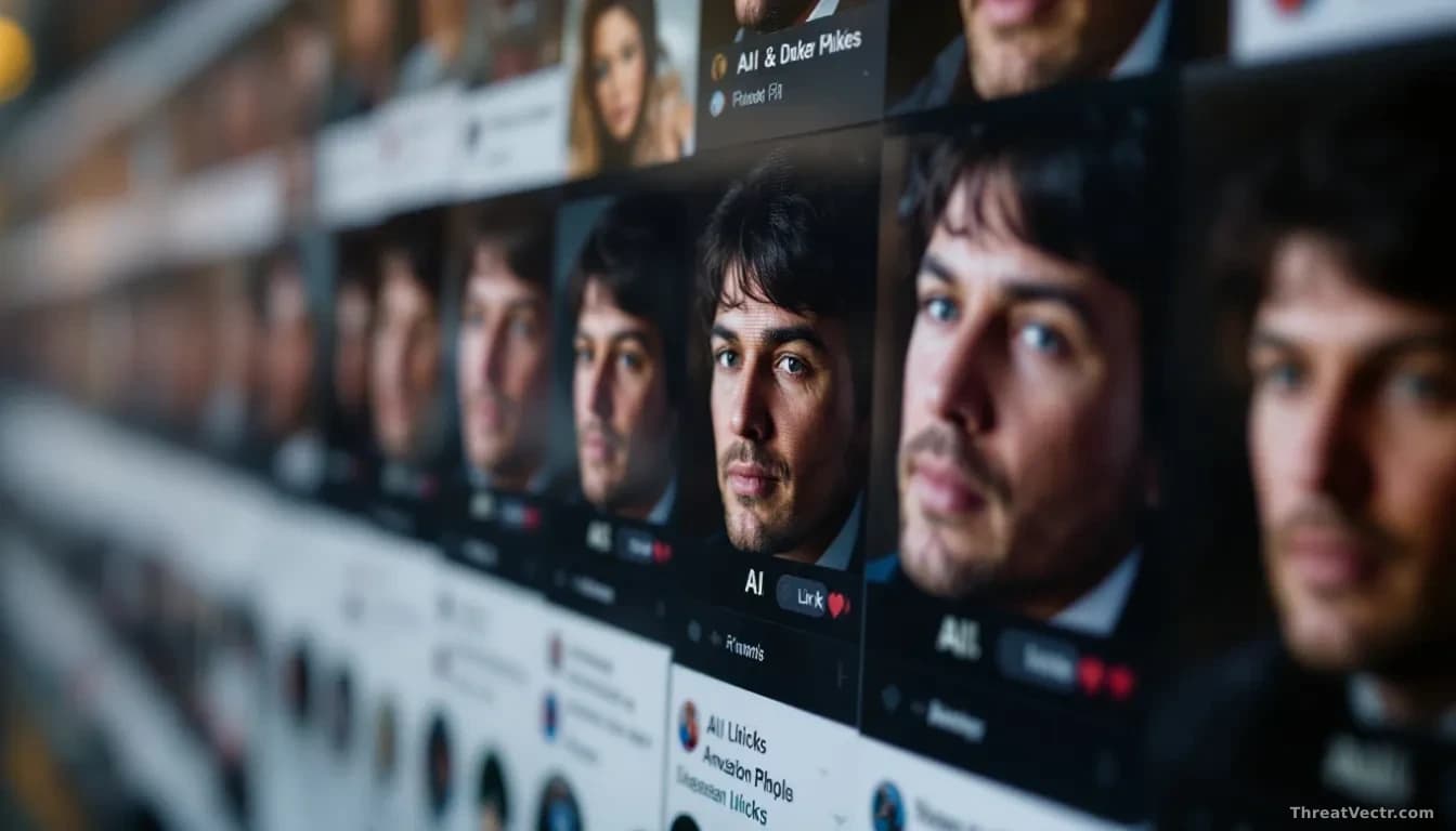 A social media platform feed displaying multiple fake accounts with AI-altered photographs of a public figure, each with suspicious messaging and links designed