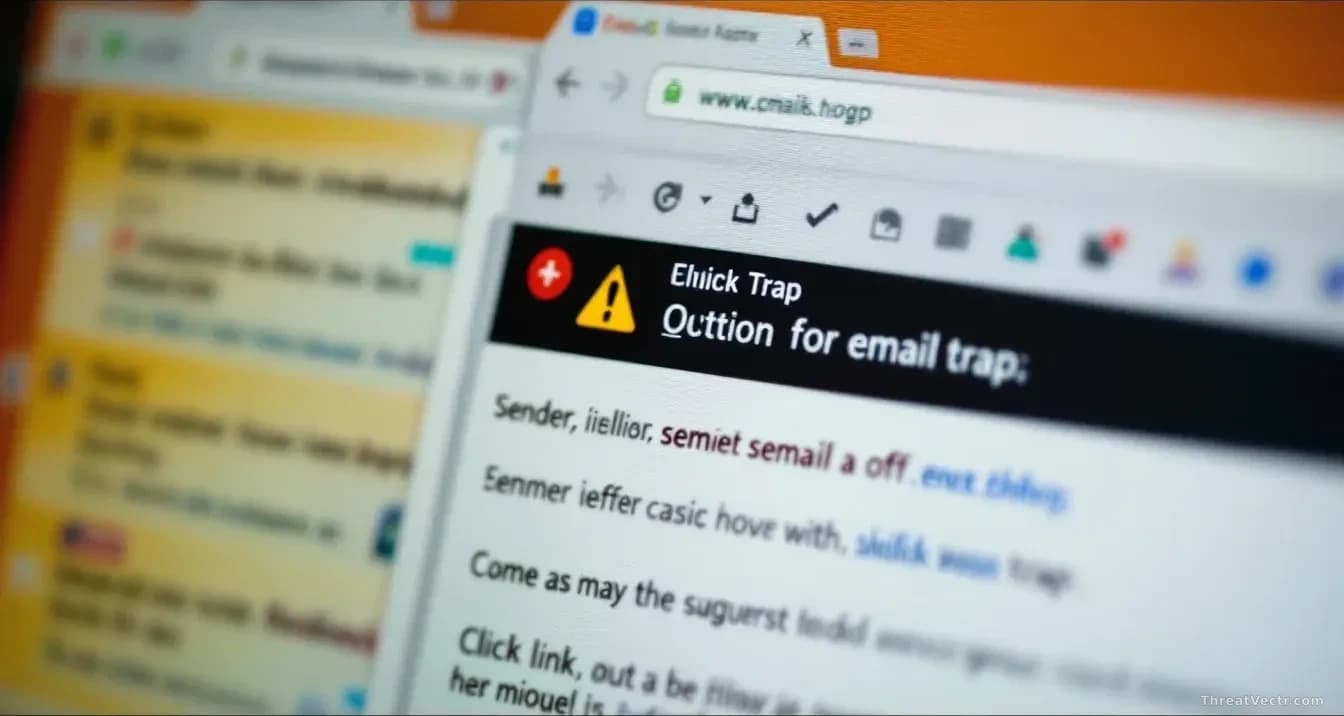 An email inbox displayed on a screen with one suspicious message standing out among legitimate emails—its sender address slightly off, urgency language emphasiz