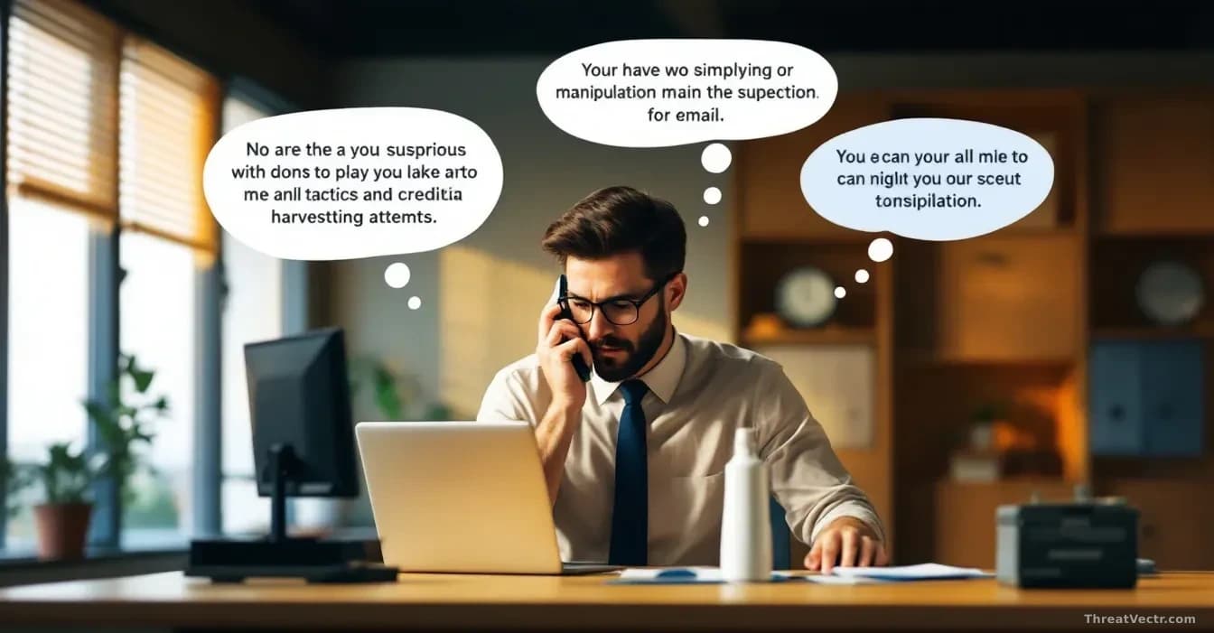 An office scene showing a person at a desk receiving a phone call while looking at a suspicious email, with thought bubbles and visual cues indicating manipulat