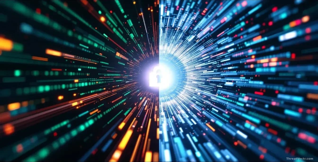 A split-screen view showing a data packet traveling through an encrypted tunnel on one side while remaining exposed and visible on the other, representing the j