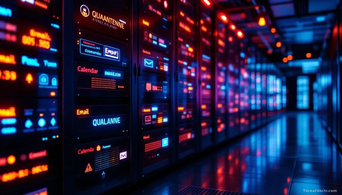 An email server room with glowing equipment showing quarantine status indicators, mailboxes shown as locked containers on digital displays, calendar and email f