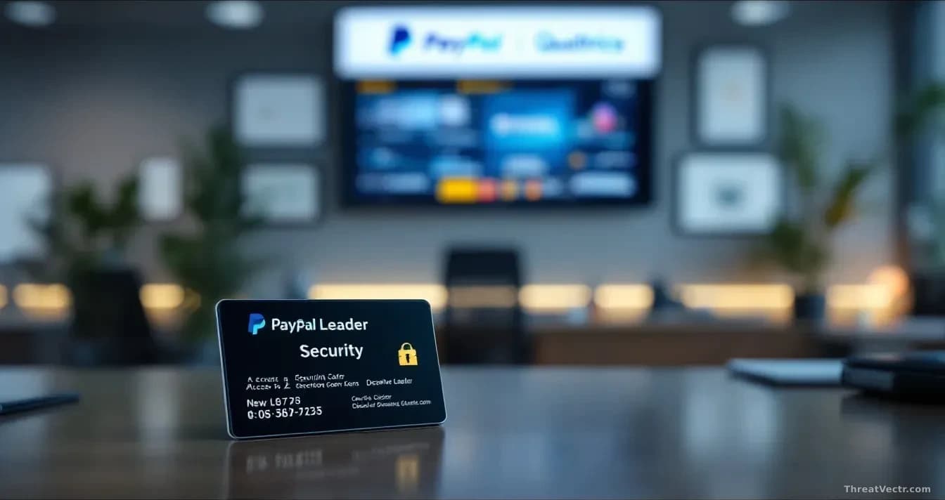 A corporate security operations center interior with a new leader's security badge and access card placed on a desk, tech company logos and PayPal/Qualtrics bac