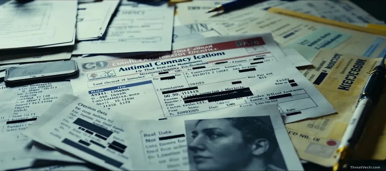 Documents showing real data points—genuine ID numbers, addresses, employment records—being collaged and filled in with fabricated details to create a false iden