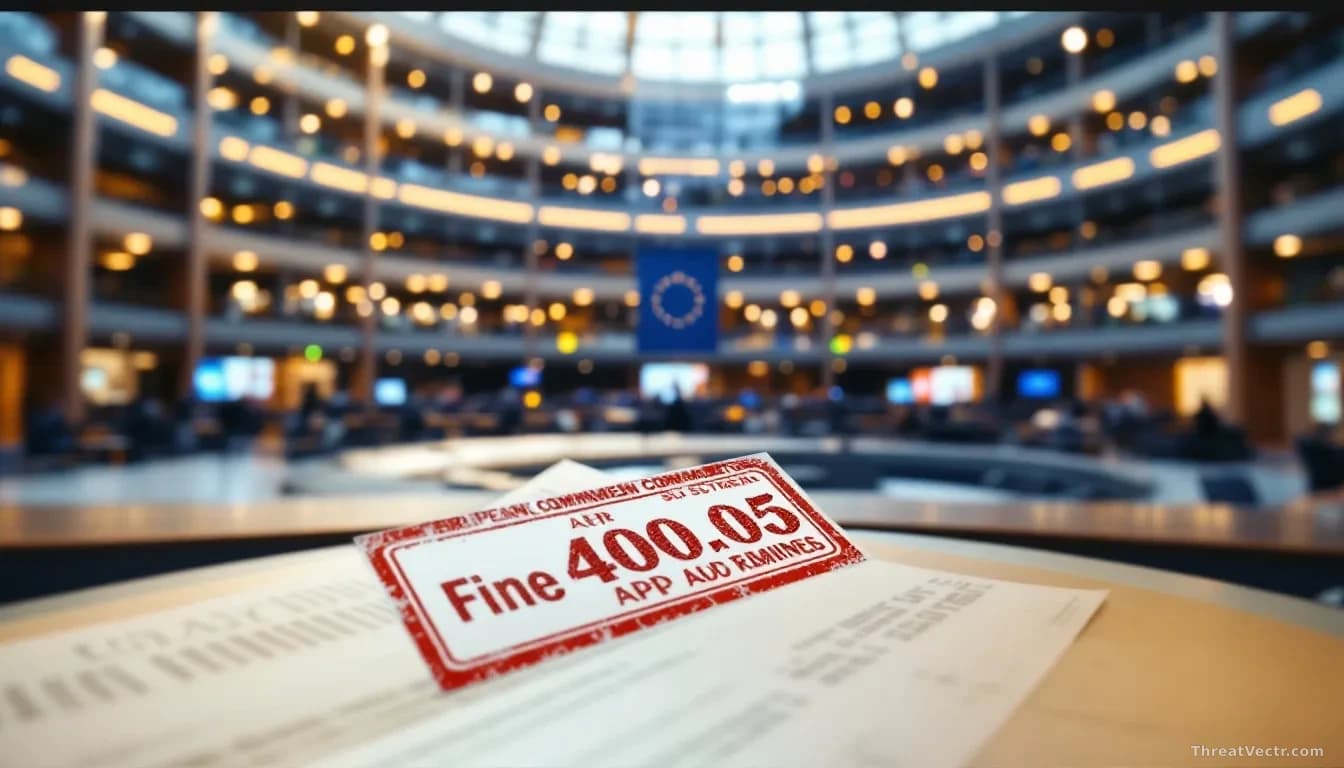 A European Union building's interior with official commission documents being stamped multiple times, each stamp generating a fine amount, shopping and app stor