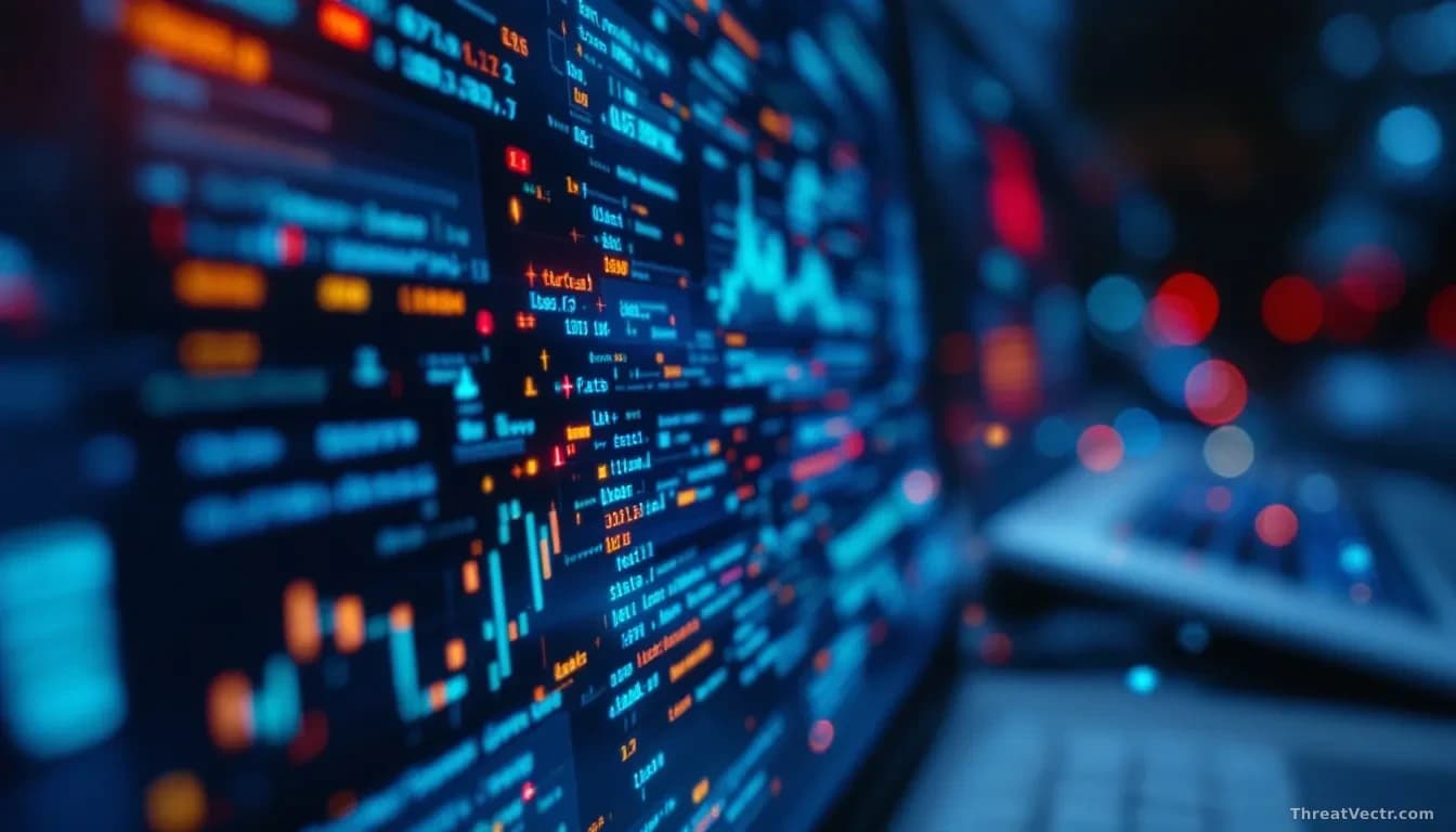 Data packets flowing through a network captured mid-motion on a security analyst's workstation, with an intelligent system highlighting threats while traffic is