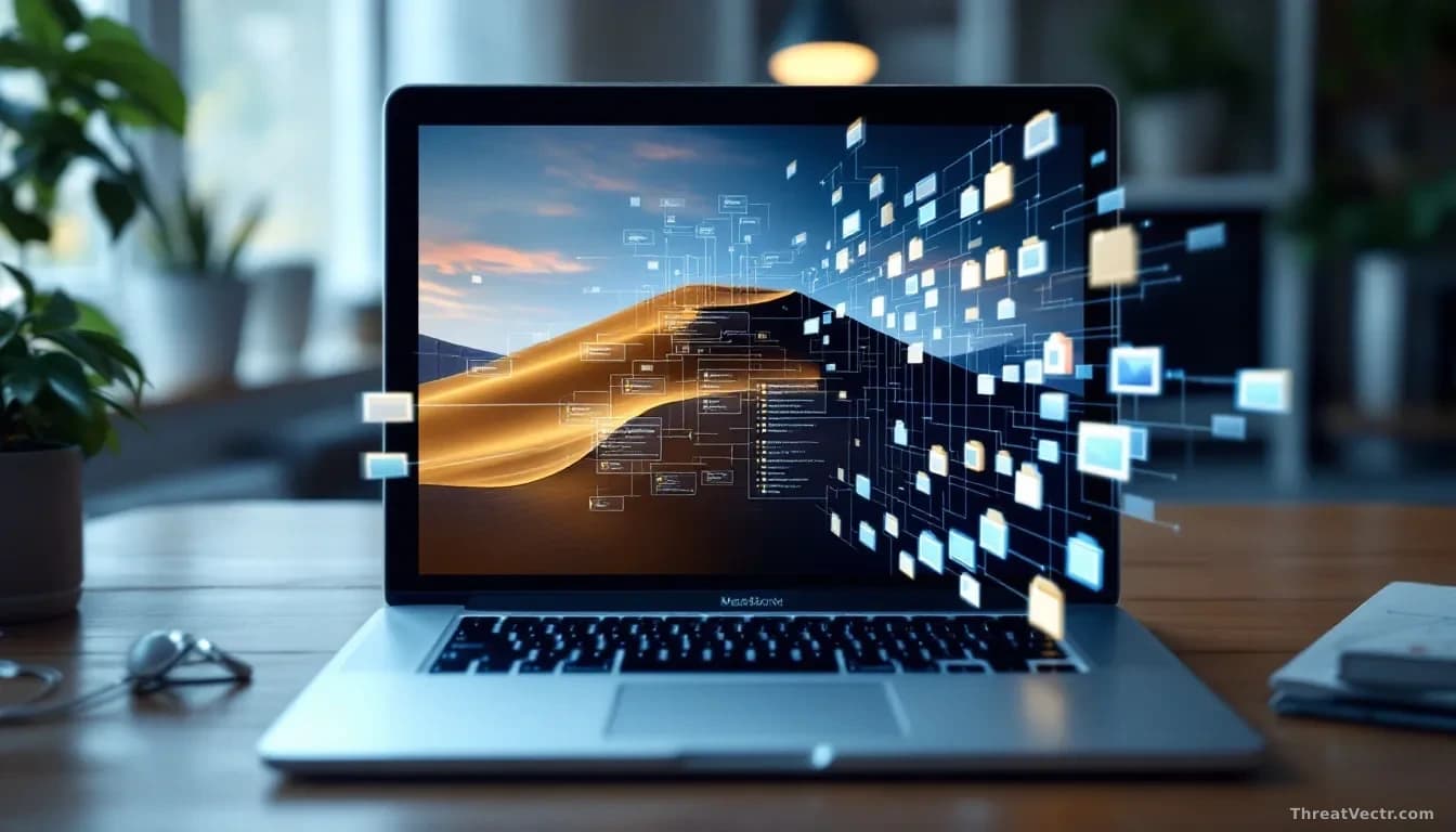 A MacBook Pro with a split visualization: inside a contained sandbox environment on the screen, and file system hierarchies extending beyond it onto the physica