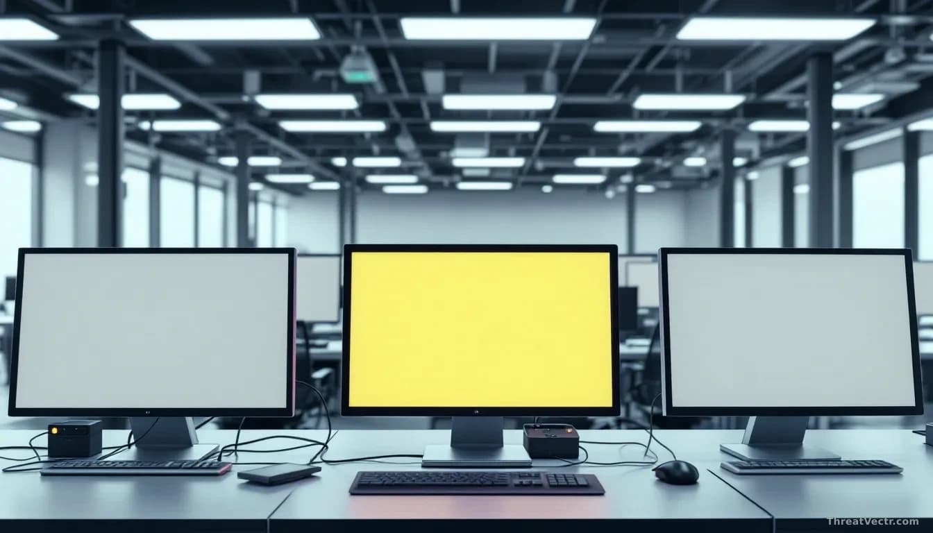 An office with multiple blank computer monitors and inactive workstations, devices mid-shutdown with spinning loading indicators visible on screens, overheard f