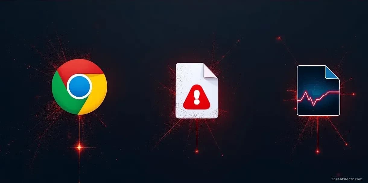 A computer desktop showing three simultaneous malware infection vectors: a browser extension icon, a downloaded package file, and an image file in a folder, all