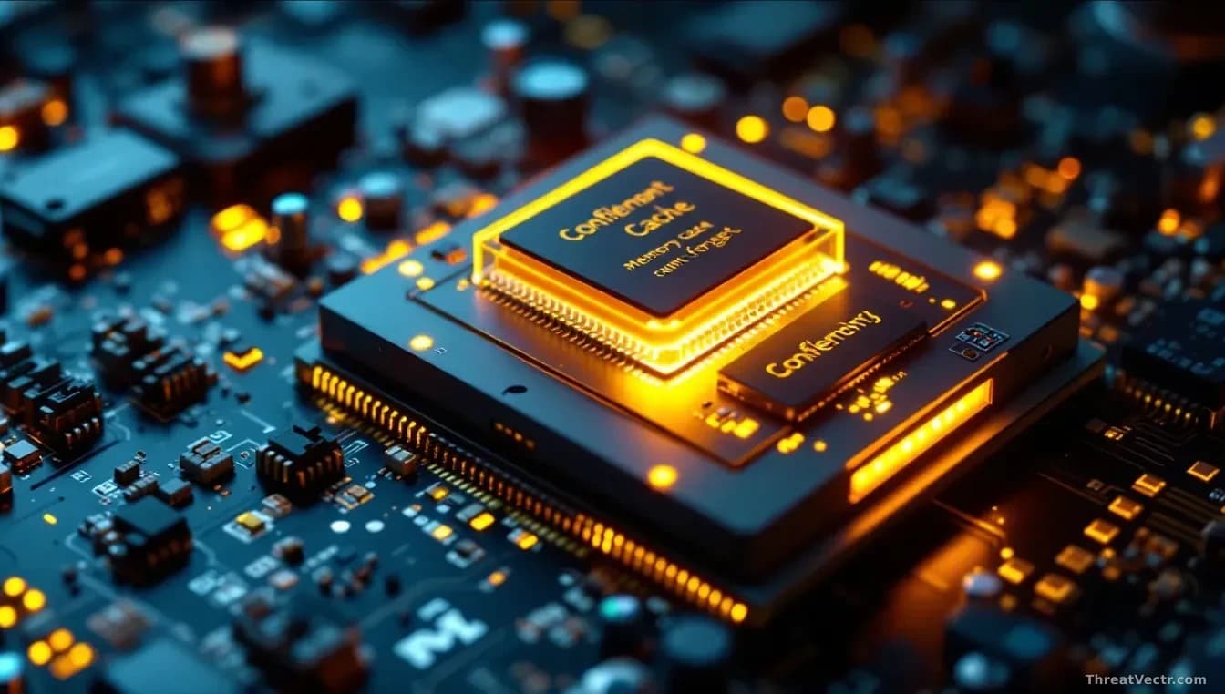 A confidential computing environment represented by an isolated hardware enclave on a circuit board, with an AI agent's memory cache displayed showing retained
