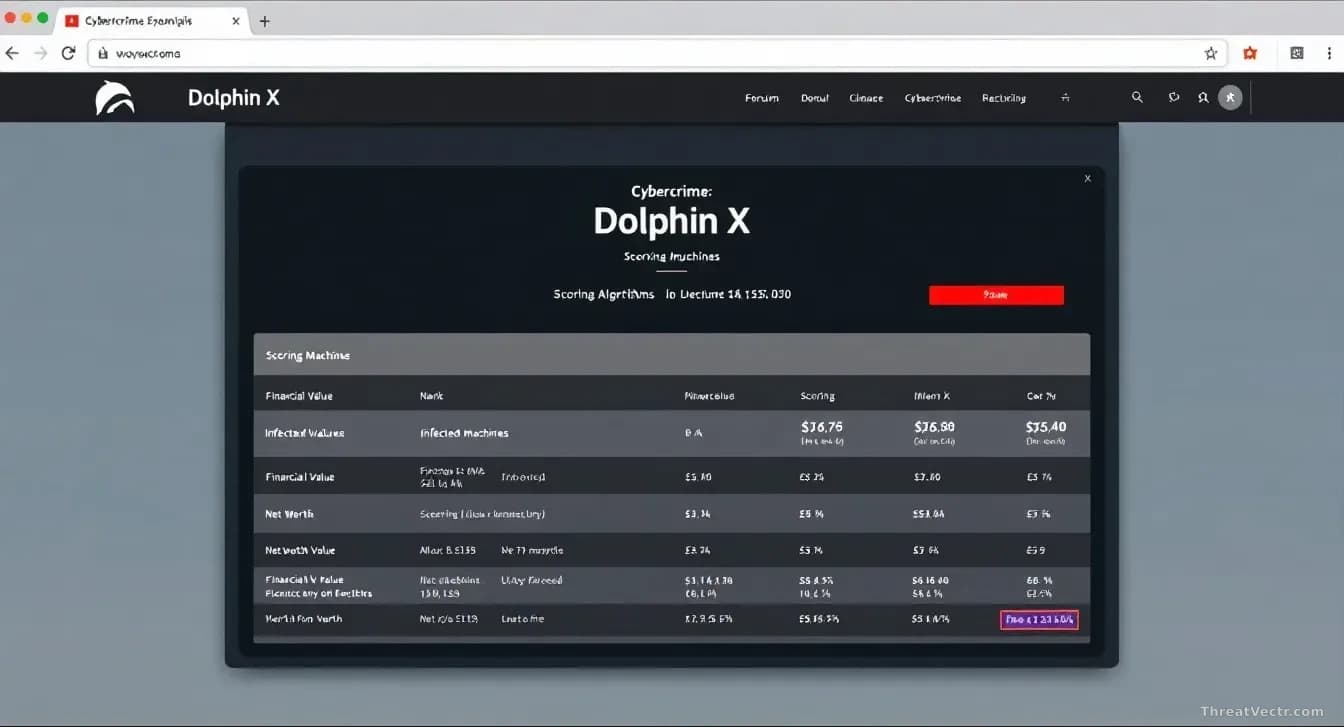 A cybercrime forum listing page for Dolphin X malware, displaying a scoring algorithm interface that ranks infected machines by financial value and net worth es