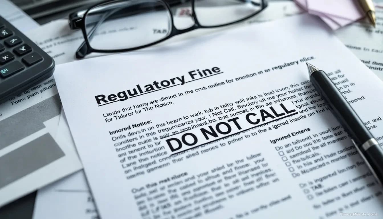A regulatory fine notice document laying on a desk with TAB Tabcorp correspondence scattered around it, a 'Do Not Call' registry printout visible with ignored e