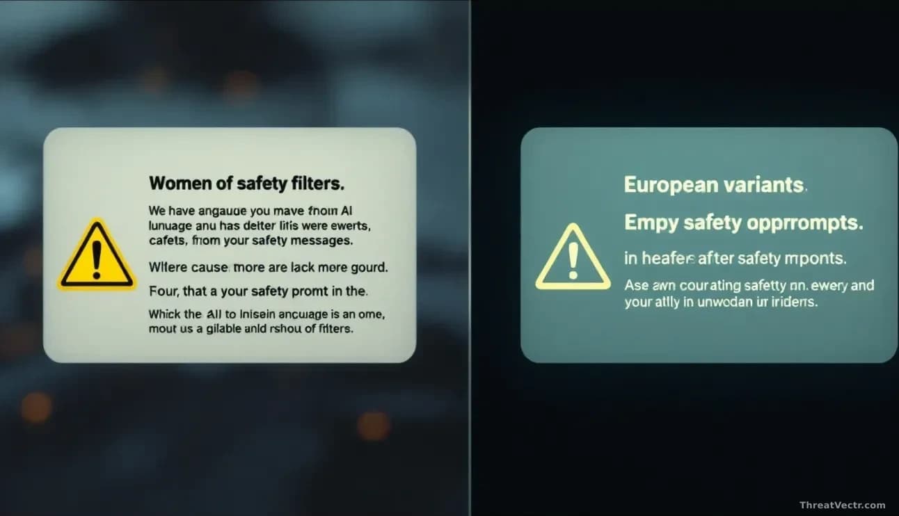 A comparison of AI safety warning messages displayed side-by-side, showing detailed English-language filters next to empty or minimal safety prompts in European