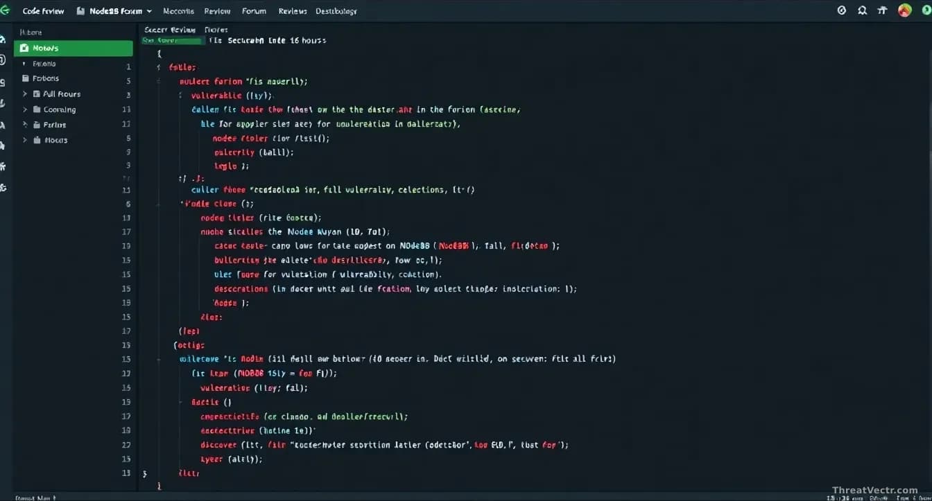 An automated code review dashboard showing NodeBB forum software source code with eight security vulnerabilities flagged in red, timestamps showing discovery wi
