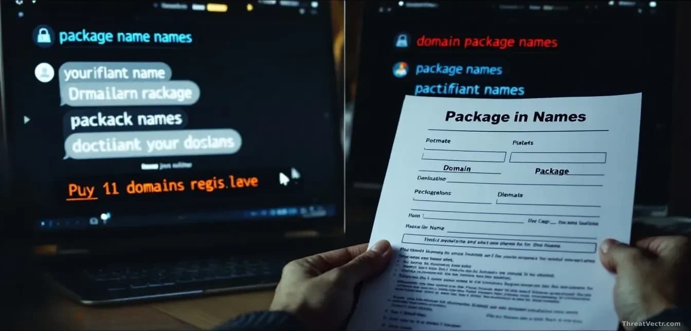 A split-screen comparison showing identical package names being suggested by different AI chatbot interfaces, with a criminal's hand holding a domain registrati