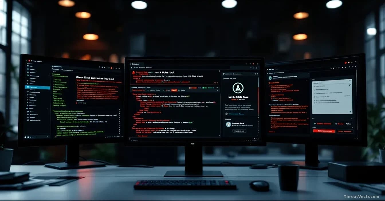 A dark web marketplace interface displayed on multiple monitors, with malware builder tools and freshly packaged software packages arranged in an organized list
