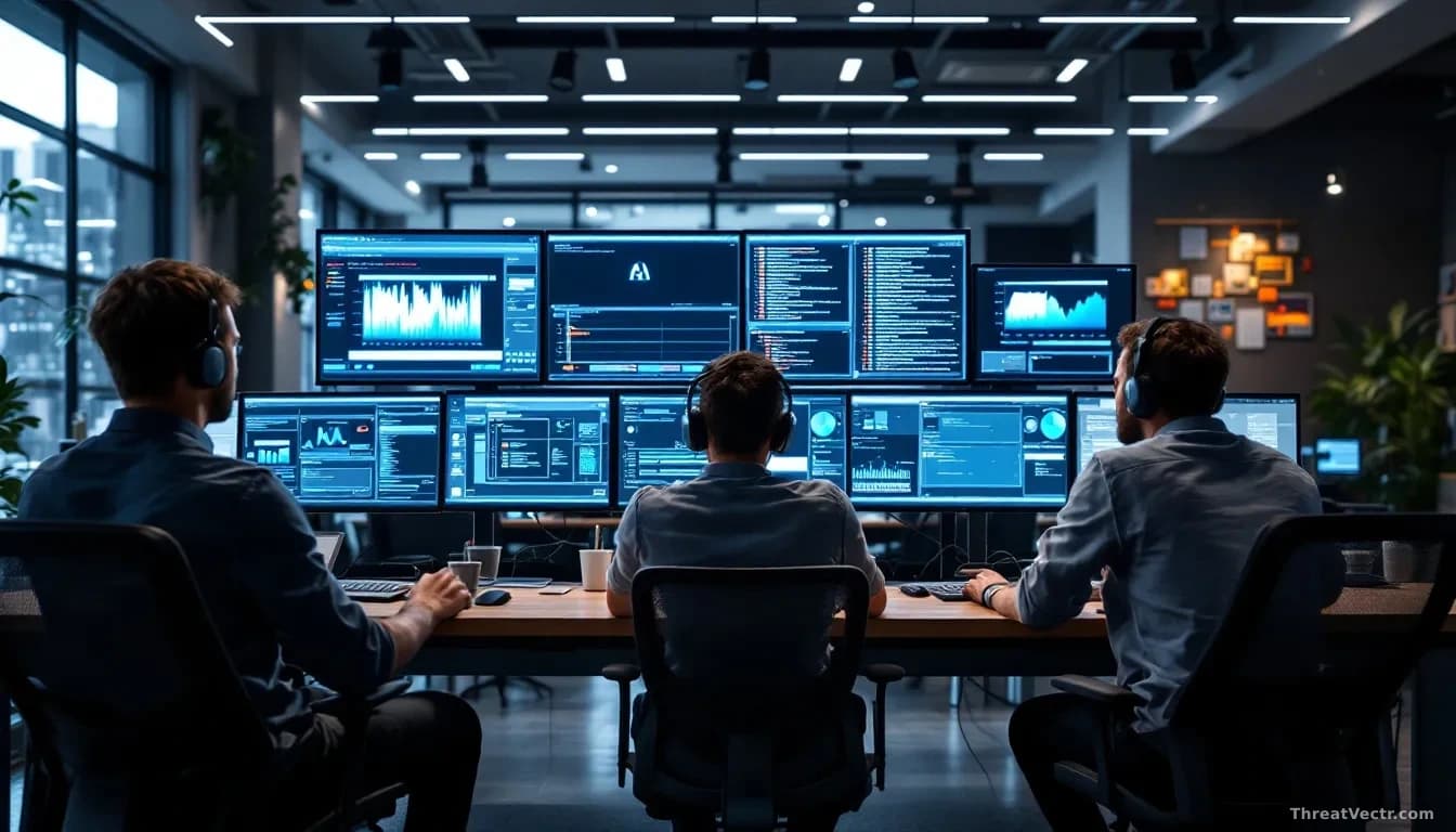 Modern startup office environment with security professionals at workstations, AI model training visualizations displayed on screens, phishing email samples bei