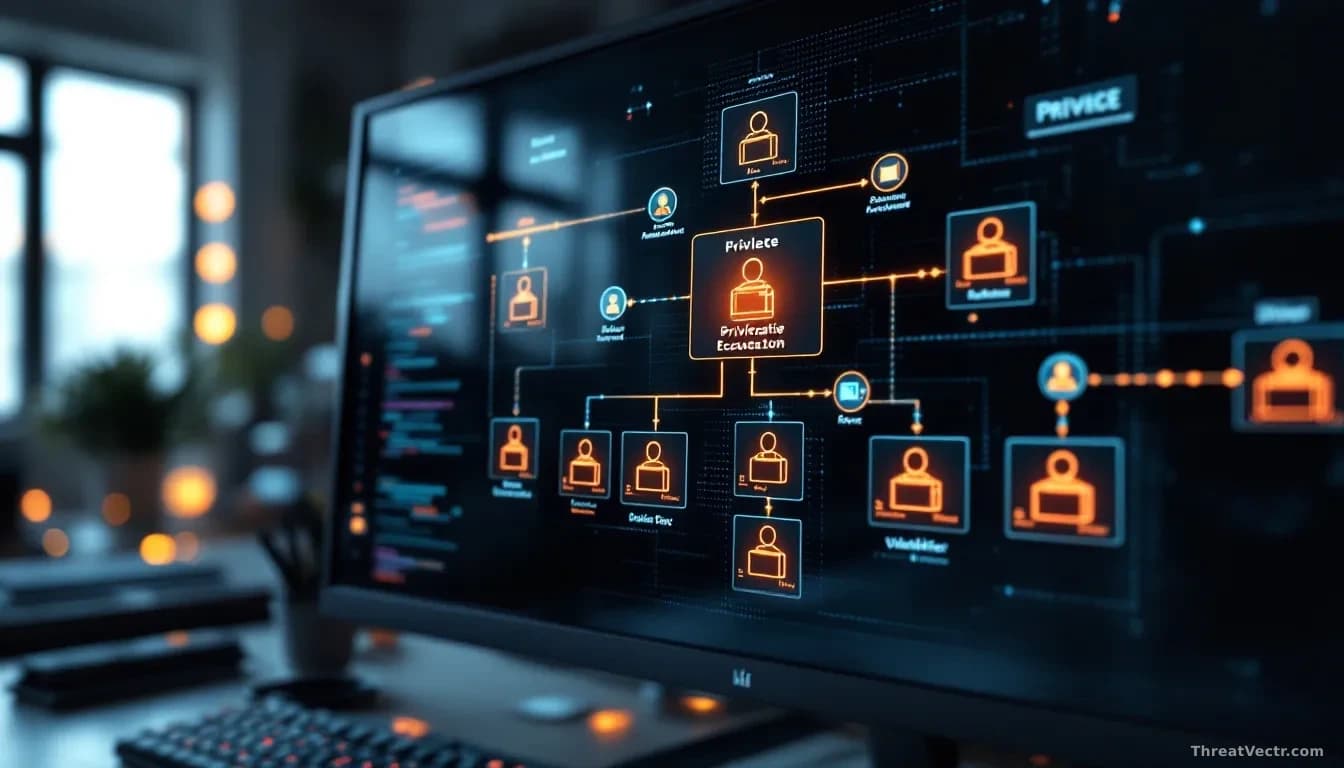 Windows Active Directory network diagram displayed on a monitor, with visual representation of privilege escalation path highlighted, domain controller hierarch