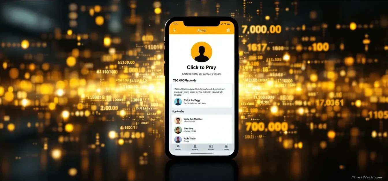 Smartphone displaying the Click to Pray app interface with user profile data exposed in the background, database visualization showing 700,000 records accessibl