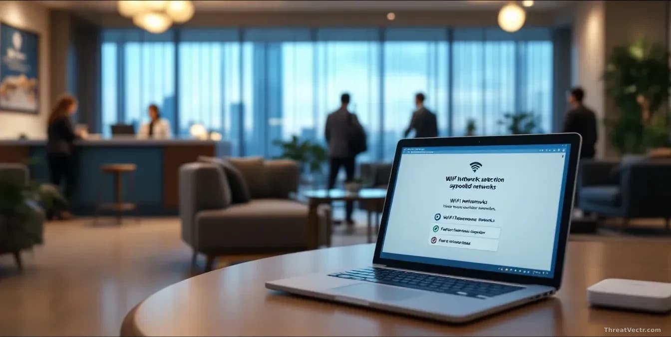 Hotel lobby with business travelers at the front desk and in seating areas, Wi-Fi network selection screen on a laptop showing spoofed networks, fake Microsoft