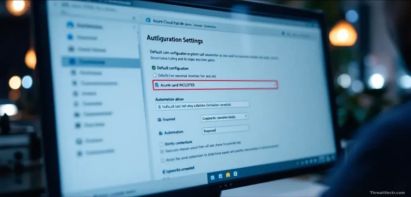 Azure cloud platform dashboard on a monitor displaying automation settings, with default configuration options highlighted and exposed identity credentials visi