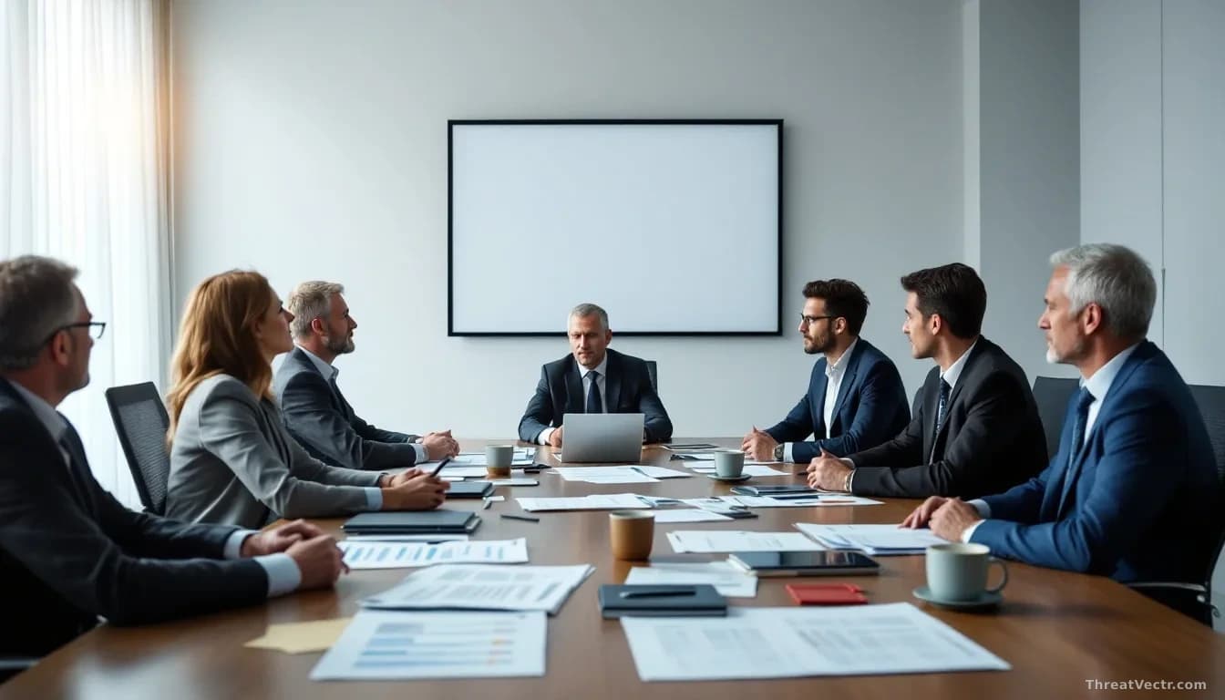 Boardroom meeting with executives at a conference table, security documentation and risk assessments visible, tension evident in the disconnect between business