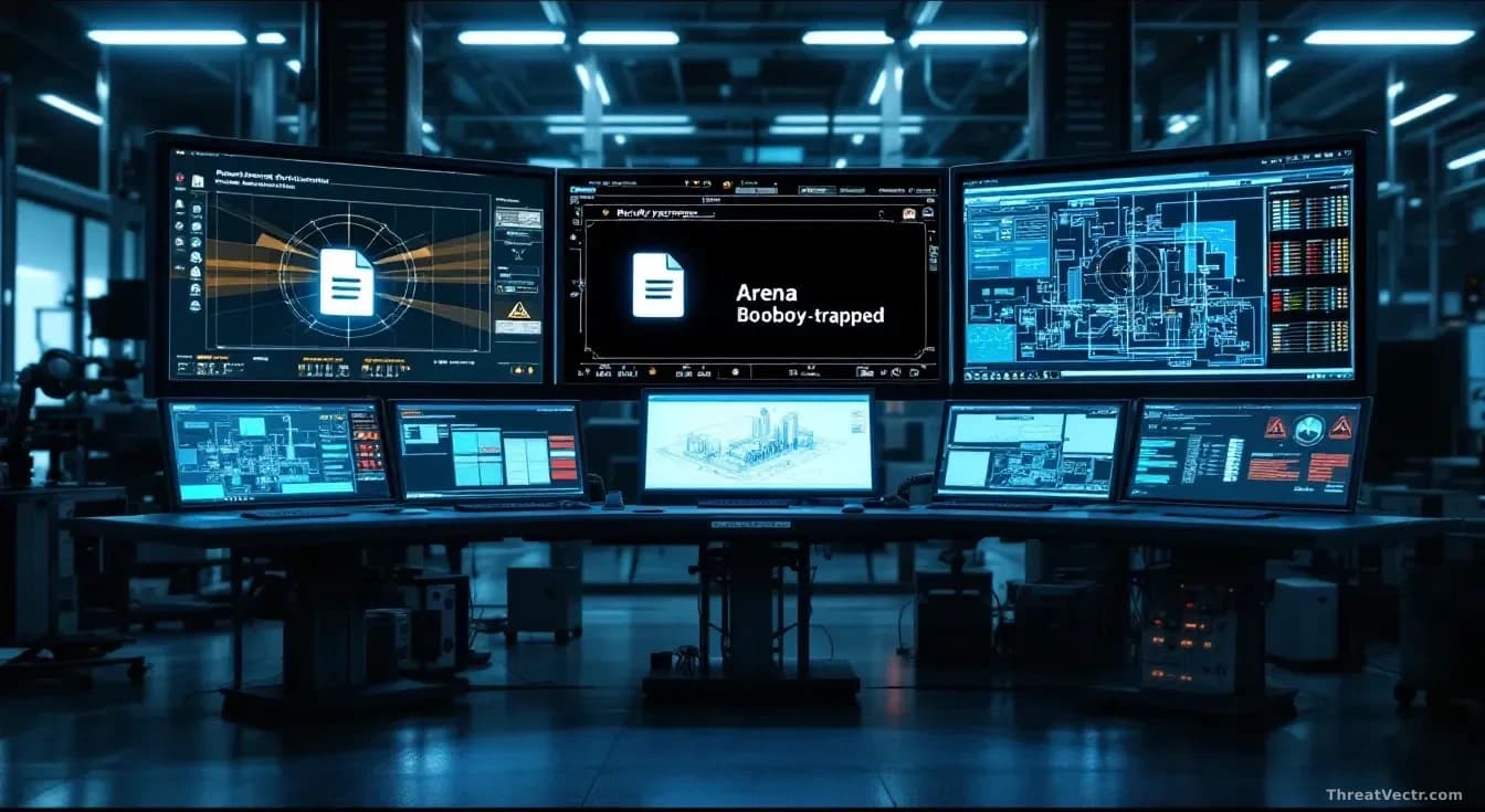 Industrial control room with multiple monitors showing Arena simulation software running production scenarios, a booby-trapped file icon prominently displayed w