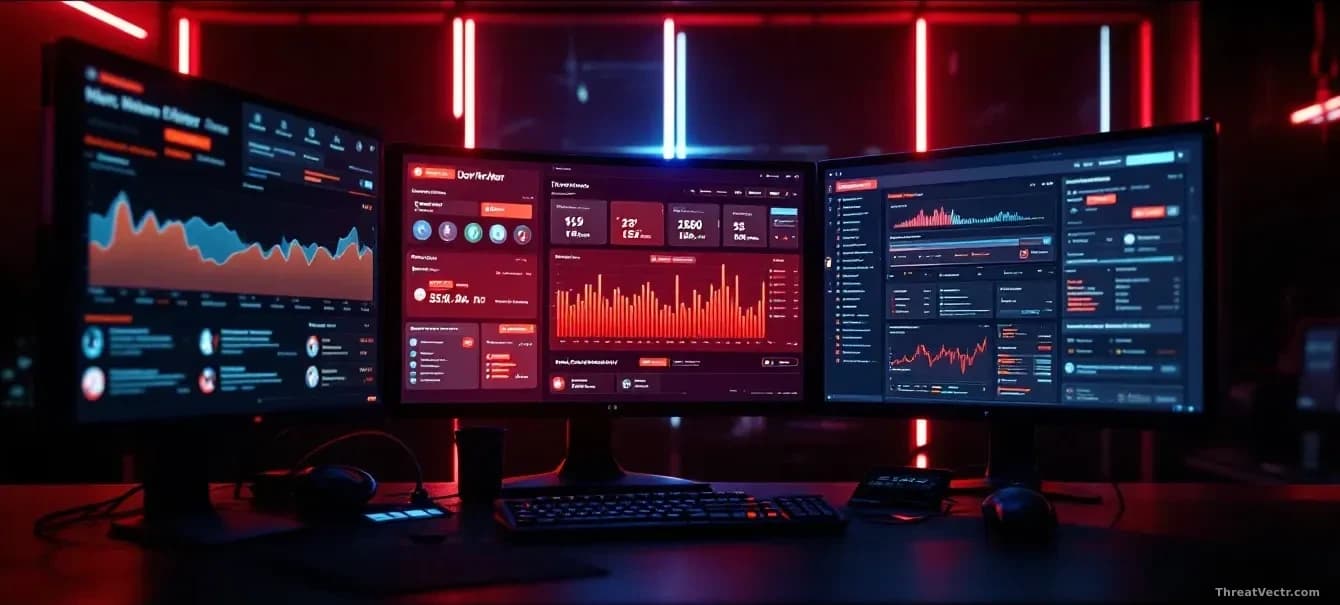 Criminal operations control center aesthetic: multiple monitors displaying a sleek dashboard interface with malware building tools, victim management panels, an