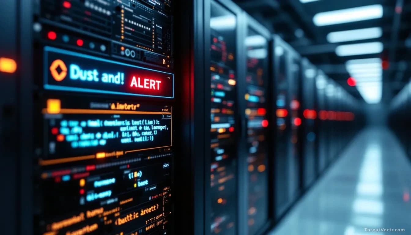 Server room with multiple rack-mounted machines and blinking indicator lights, highlighting one unit with a red alert status, code scrolling across a monitoring