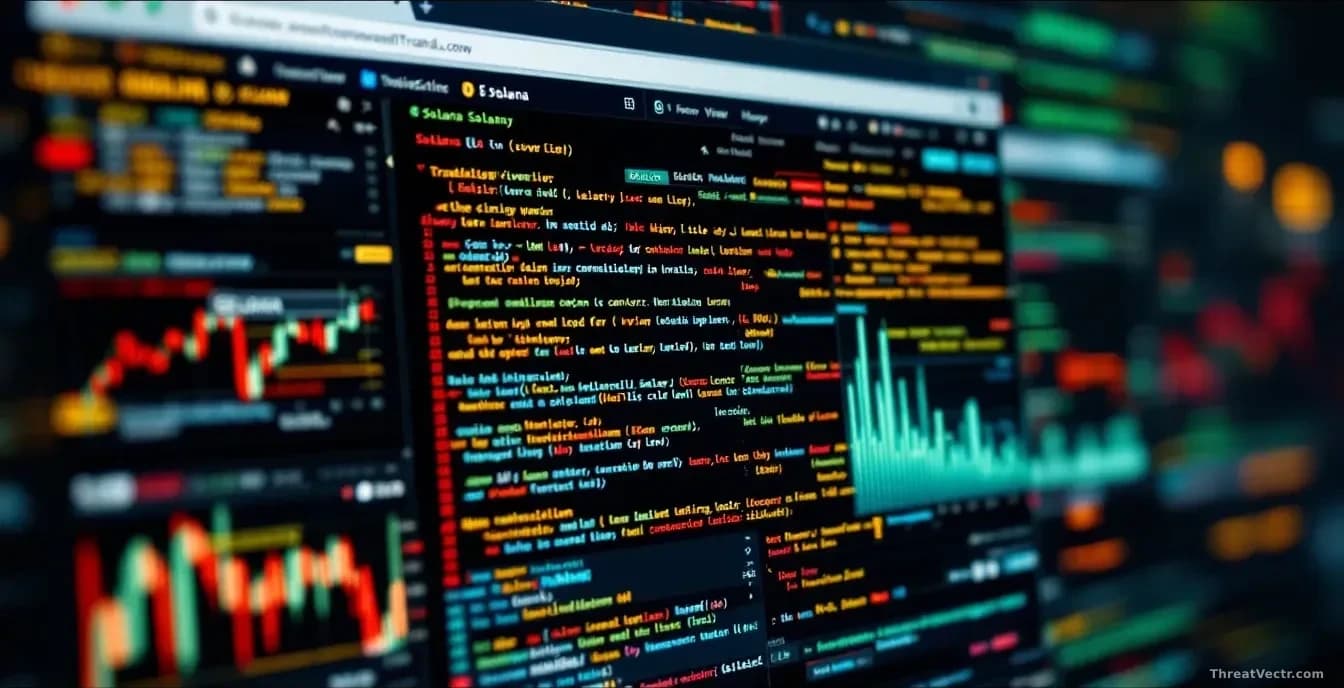 A browser window showing counterfeit Solana and TradingView websites overlaid with JavaScript code execution visualization and info-stealing malware assembling