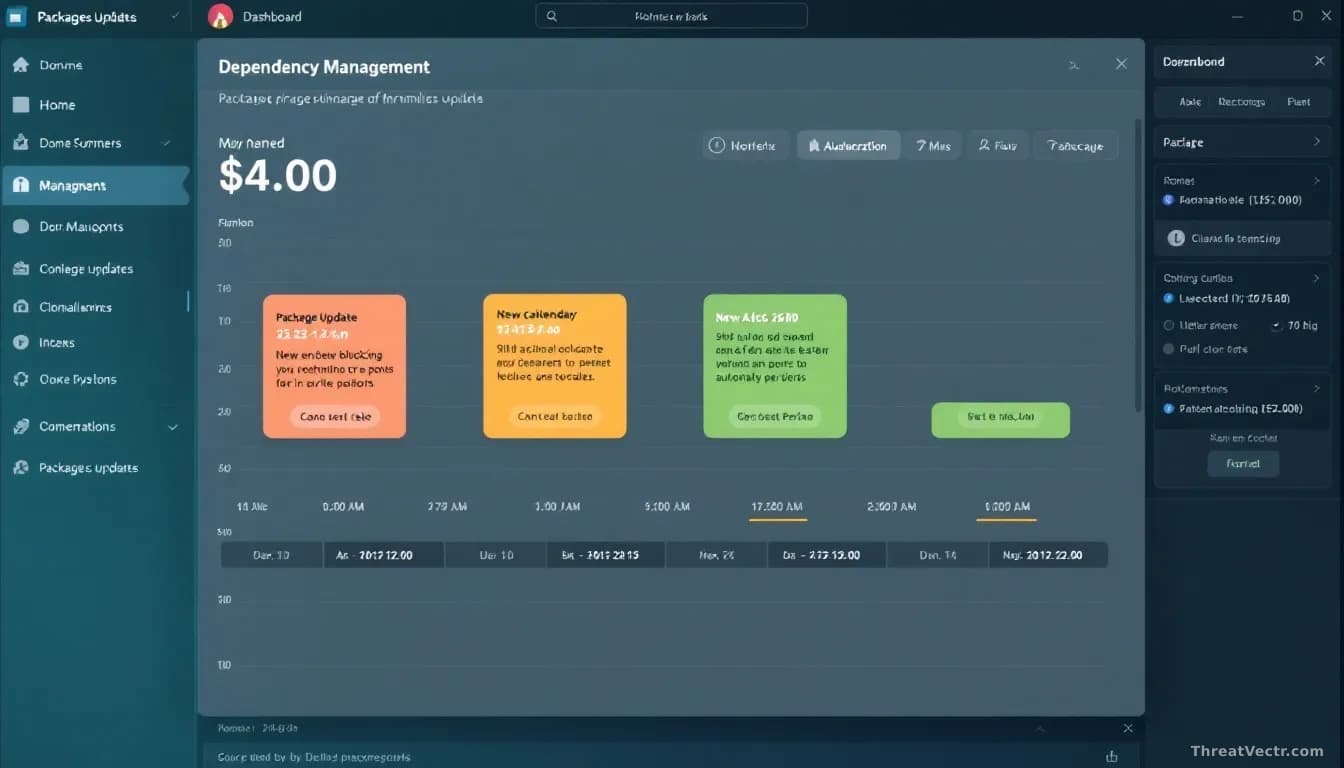 A dependency management dashboard showing package update timelines with new calendar blocking periods inserted, slowing the rate of automatic pulls from reposit