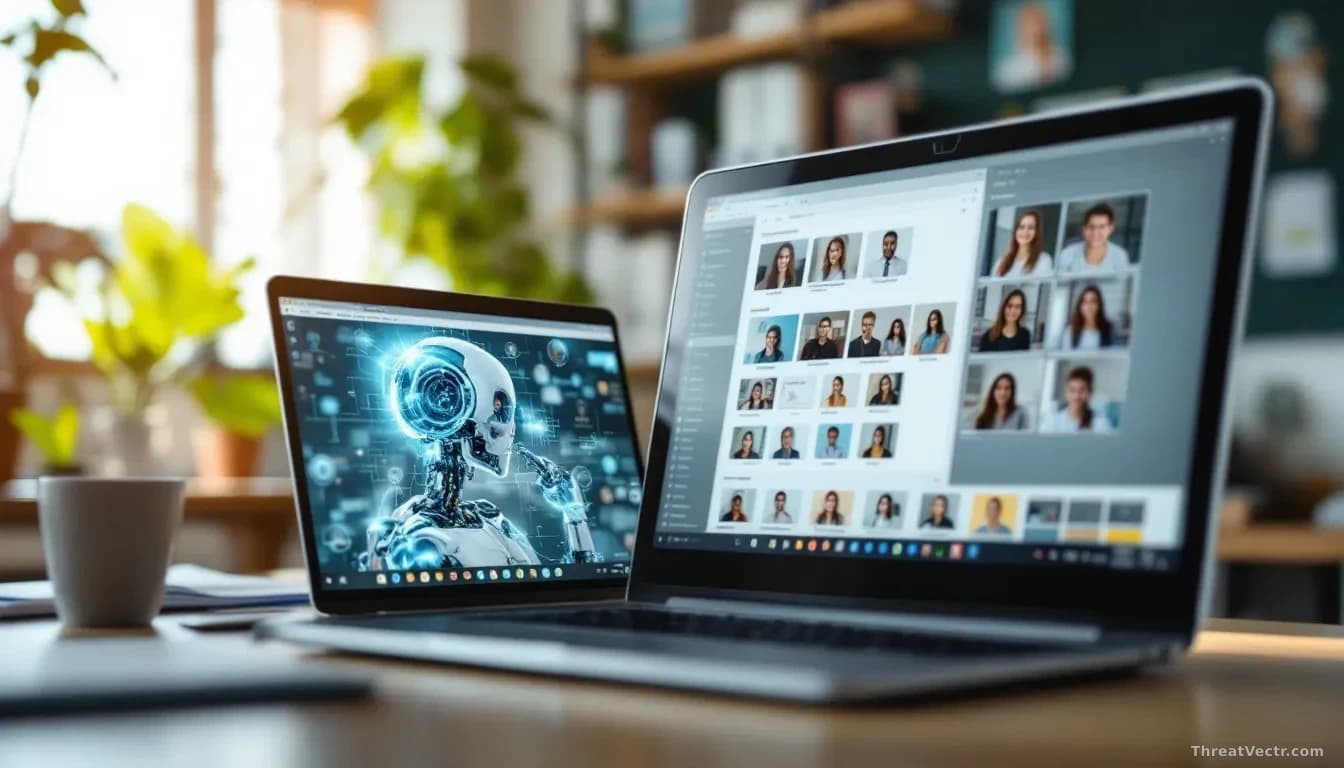 A school computer workstation with a laptop displaying AI image generation software in the taskbar, alongside school staff and student photos in folders