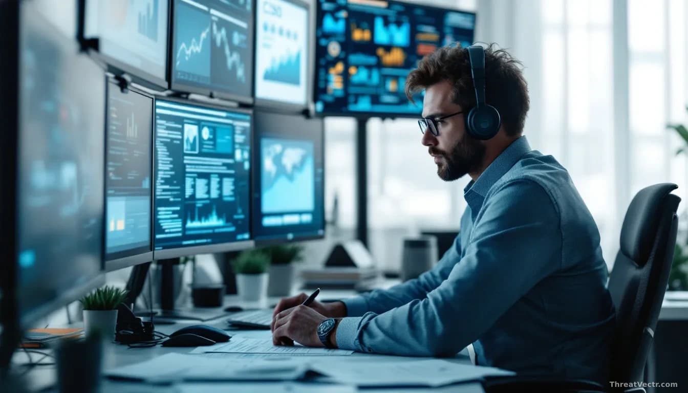 A CISO in a modern office surrounded by disaster recovery plans, business continuity documents, and resilience strategy charts on multiple screens simultaneousl