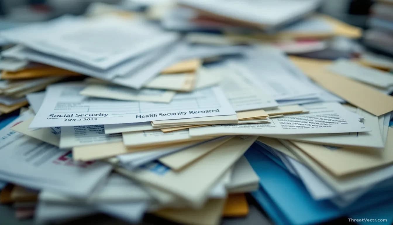 Stacked dental patient files and health records spilling across a desk, with Social Security numbers and identification documents partially visible among the sc