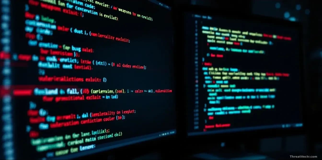 A code review screen showing red vulnerability highlights and bug annotations, next to a second screen displaying weaponized exploit code that the AI model coul