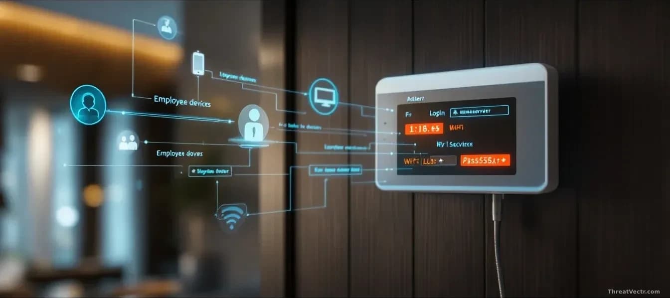 A hotel lobby Wi-Fi router mounted on a wall with digital visualization showing intercepted login credentials and passwords flowing from employee devices into a