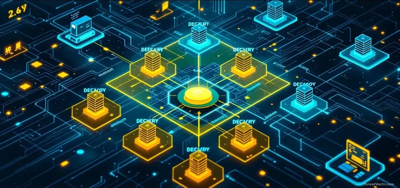 A network diagram showing honeypot systems and decoy servers highlighted in bright colors, with attacker paths being automatically rerouted and trapped within t