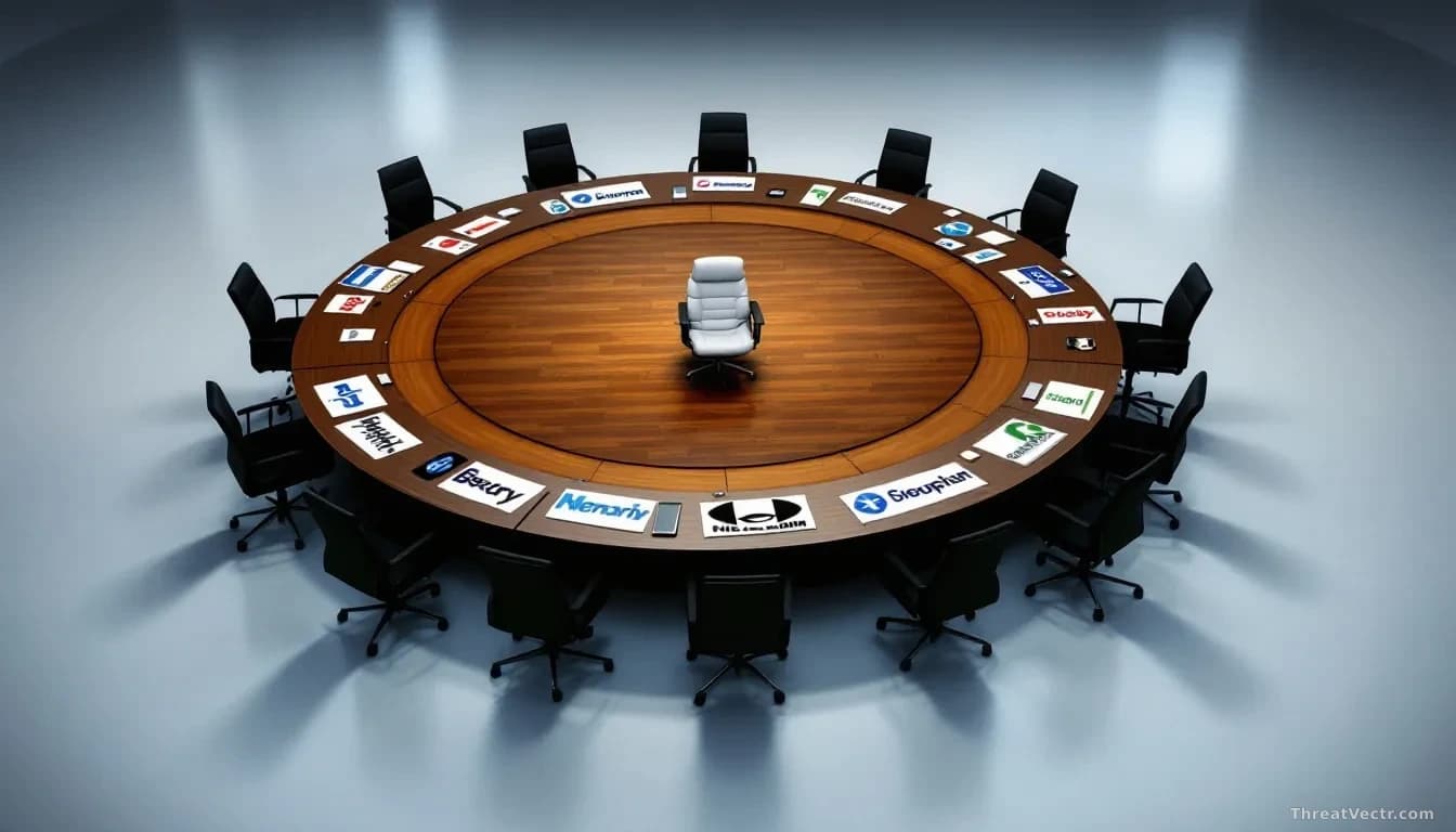 A large round table with 30+ company logos arranged in a circle for a security alliance meeting, with one empty chair or notably absent seat