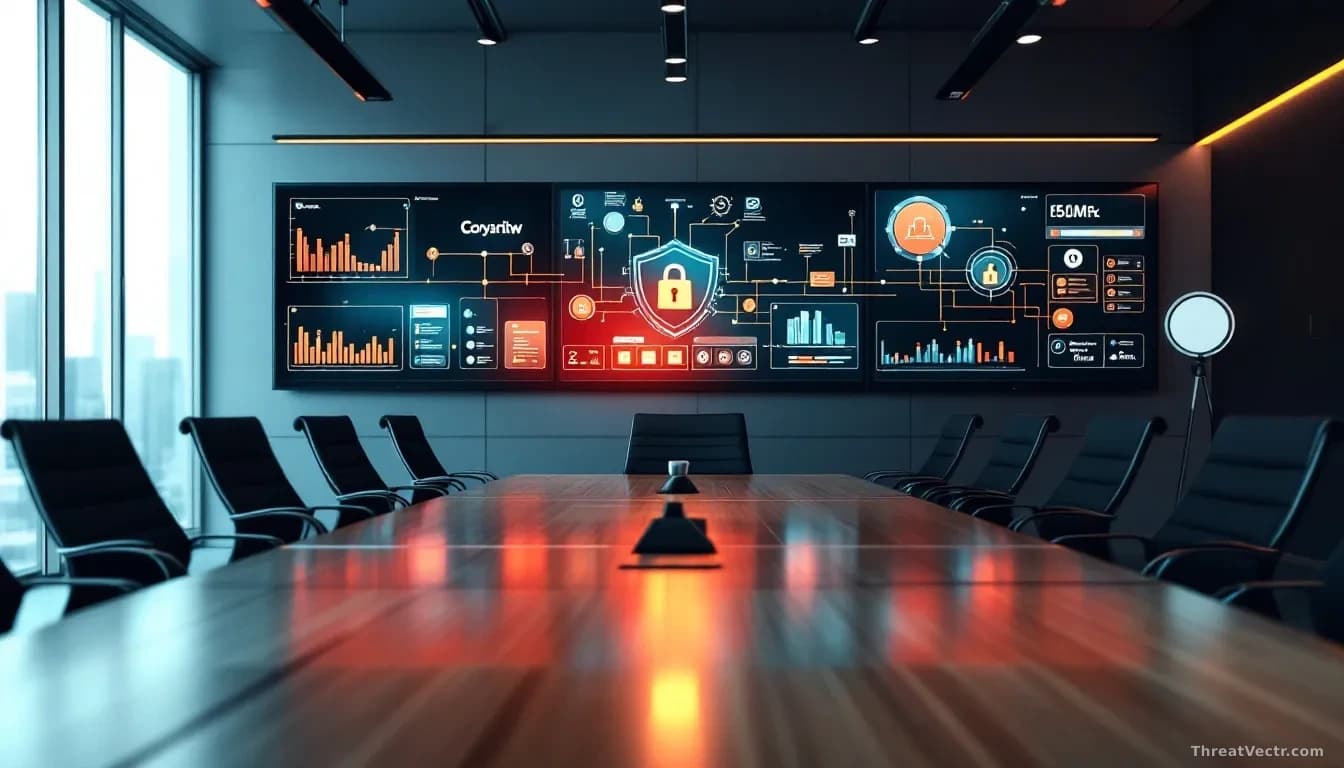 A conference table surrounded by corporate logos and security tool interfaces displayed on multiple monitors, with interconnected lines showing shared defense f
