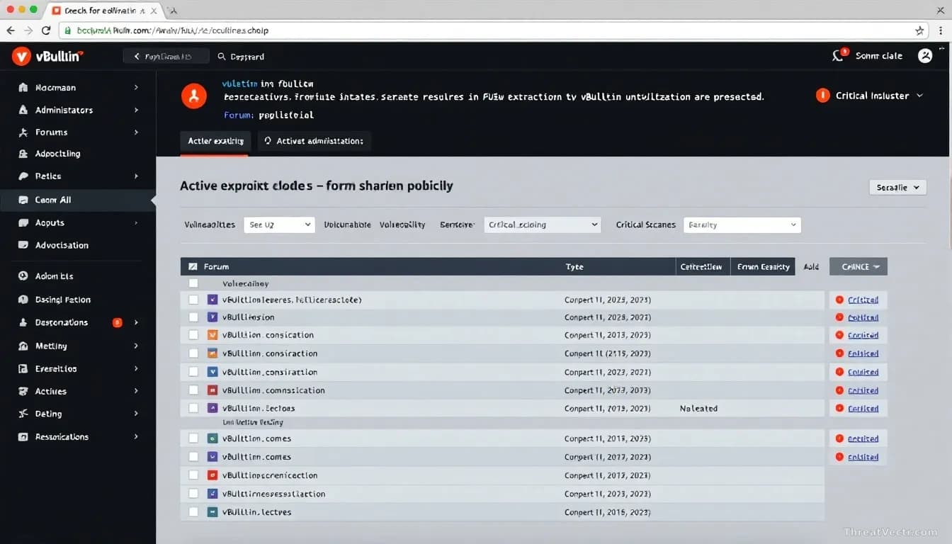 Forum administrator dashboard showing active exploit code being shared publicly, vulnerability scanning results displayed with critical severity markers for unp