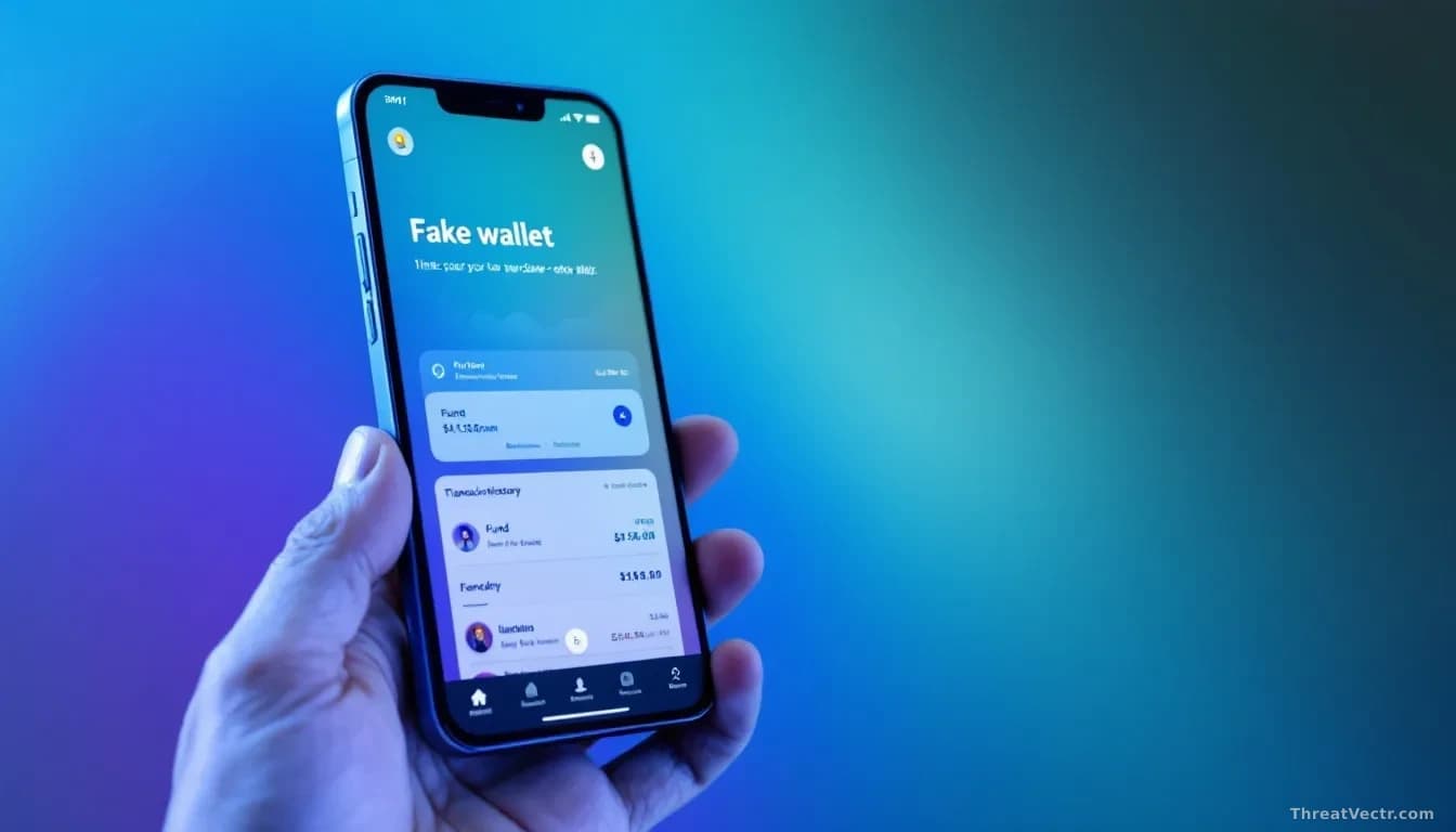 Smartphone screen displaying a mobile app store with a fake wallet application featured prominently, user interface elements mimicking legitimate cryptocurrency