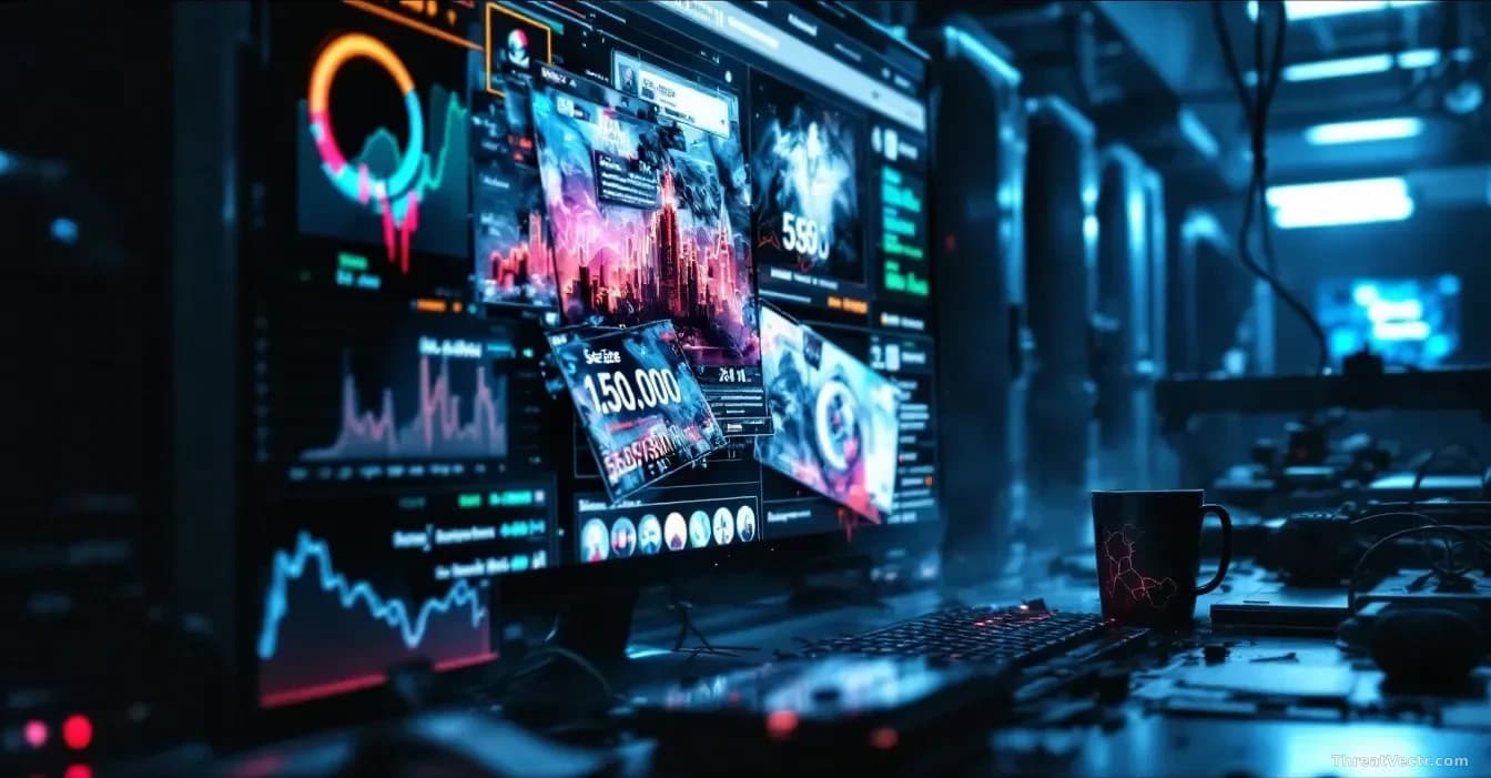 Dark web marketplace interface in ruins with seized banners overlaid, LockBit's reputation metrics plummeting on charts, ransom payment flows cut off, server eq
