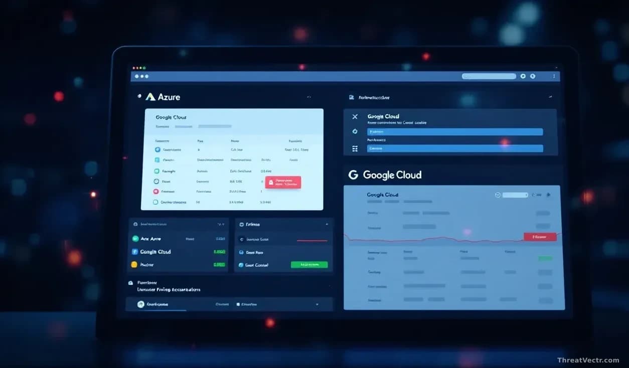 Cloud infrastructure dashboard showing Azure and Google Cloud administrator control panels, with subtle indicators of unauthorized privilege escalation attempts