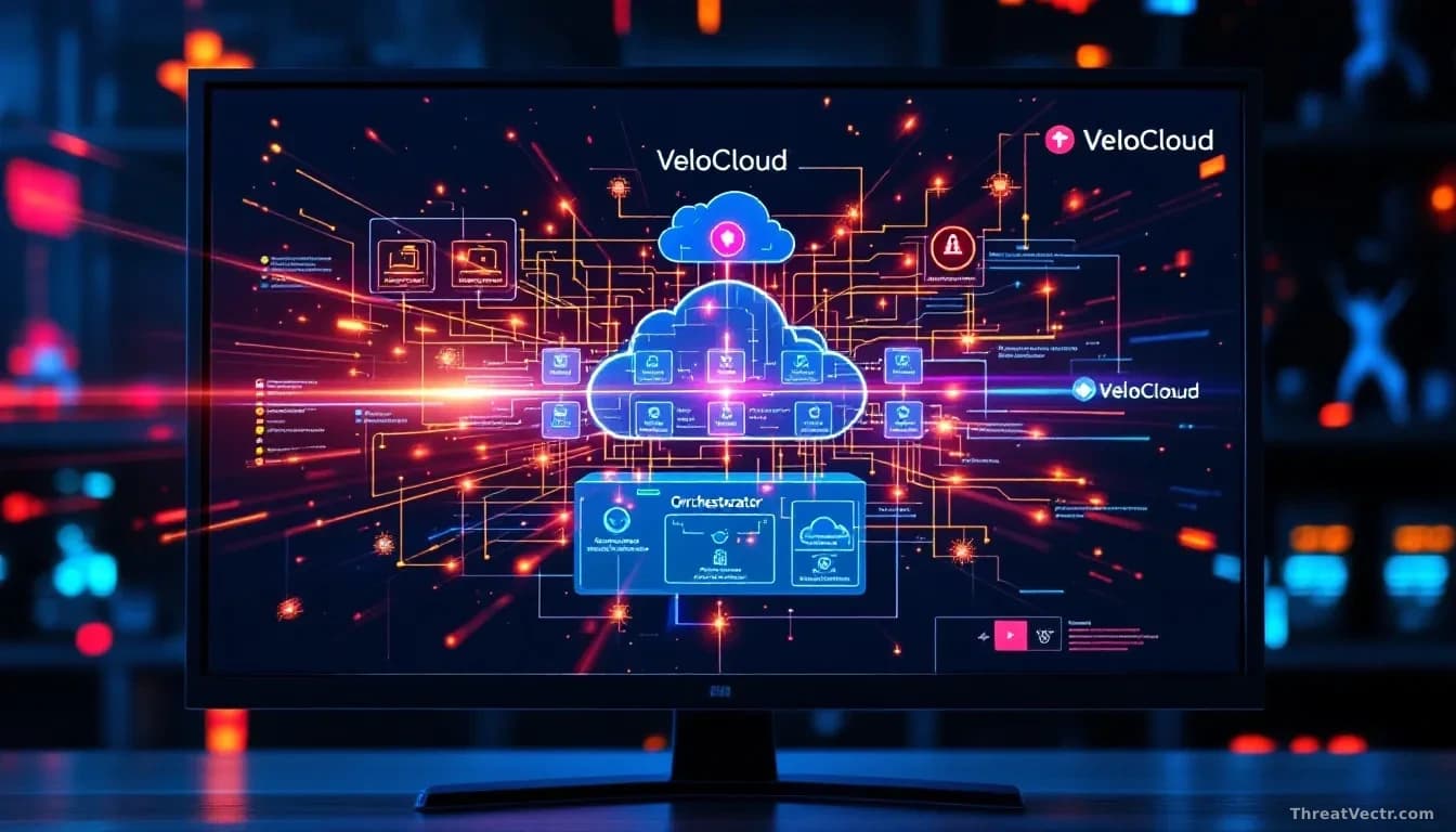 Network infrastructure diagram on a monitor displaying VeloCloud Orchestrator nodes under attack, with active exploitation indicators spreading across the syste
