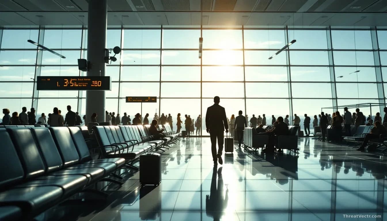 Illustration: Airport terminal concourse with a solitary figure walking through crowds of travelers